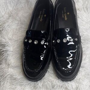 Kate Spade Shiny Black Loafers with Crystal Accents